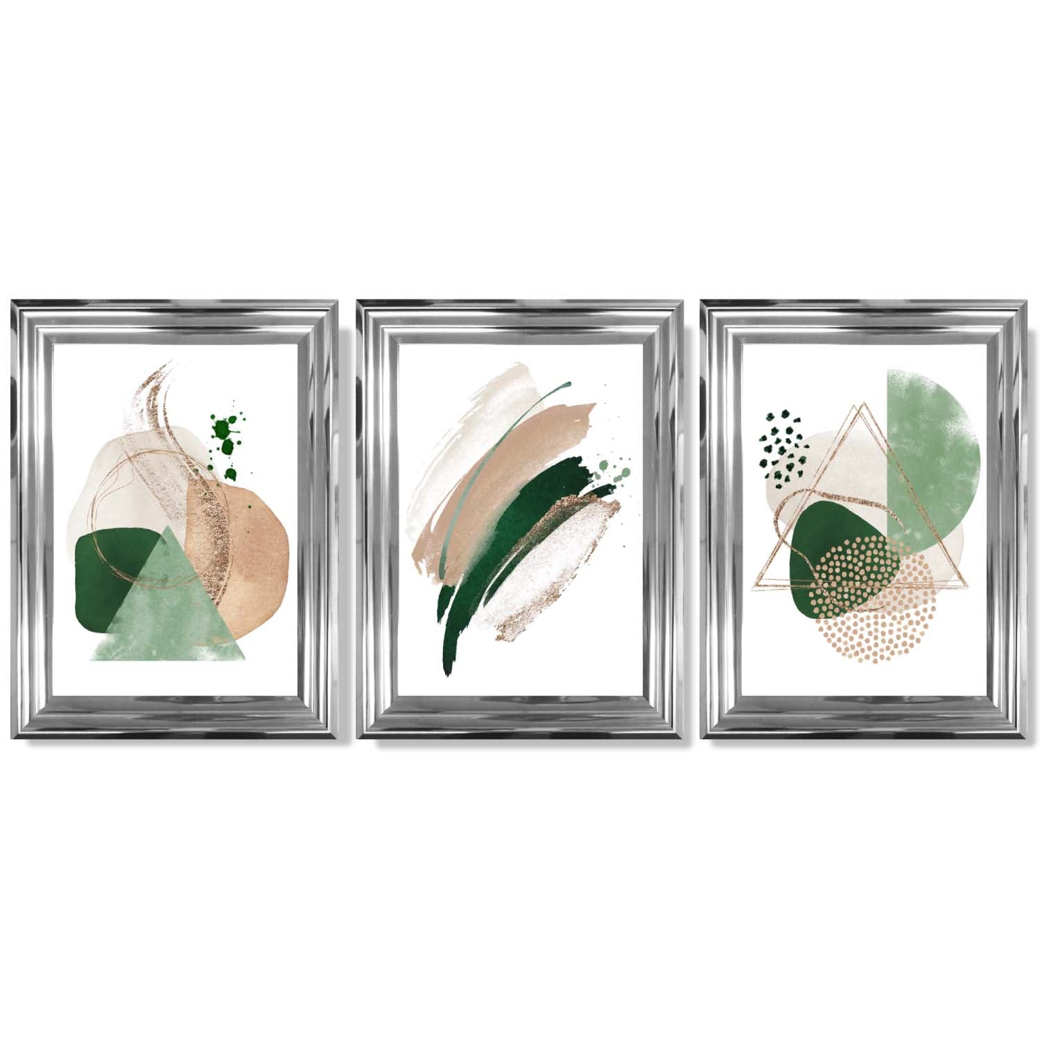 Abstract Set of 3 Sage Green and Beige Framed Art Prints with Glossy Chrome Frames