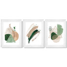 Abstract Set of 3 Sage Green and Beige Framed Art Prints with Glossy White Frames