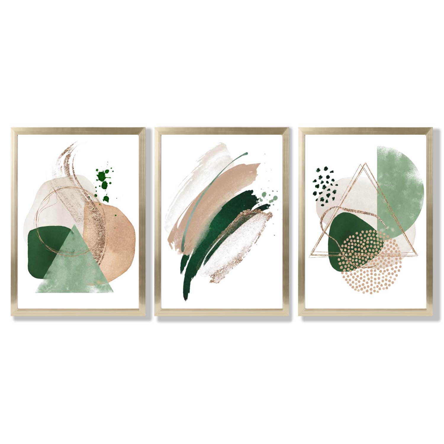 Abstract Set of 3 Sage Green and Beige Framed Art Prints with Gold Wood Frames