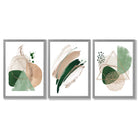 Abstract Set of 3 Sage Green and Beige Framed Art Prints with Light Grey Wooden Frames