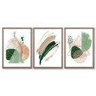 Abstract Set of 3 Sage Green and Beige Framed Art Prints with Light Walnut Frames