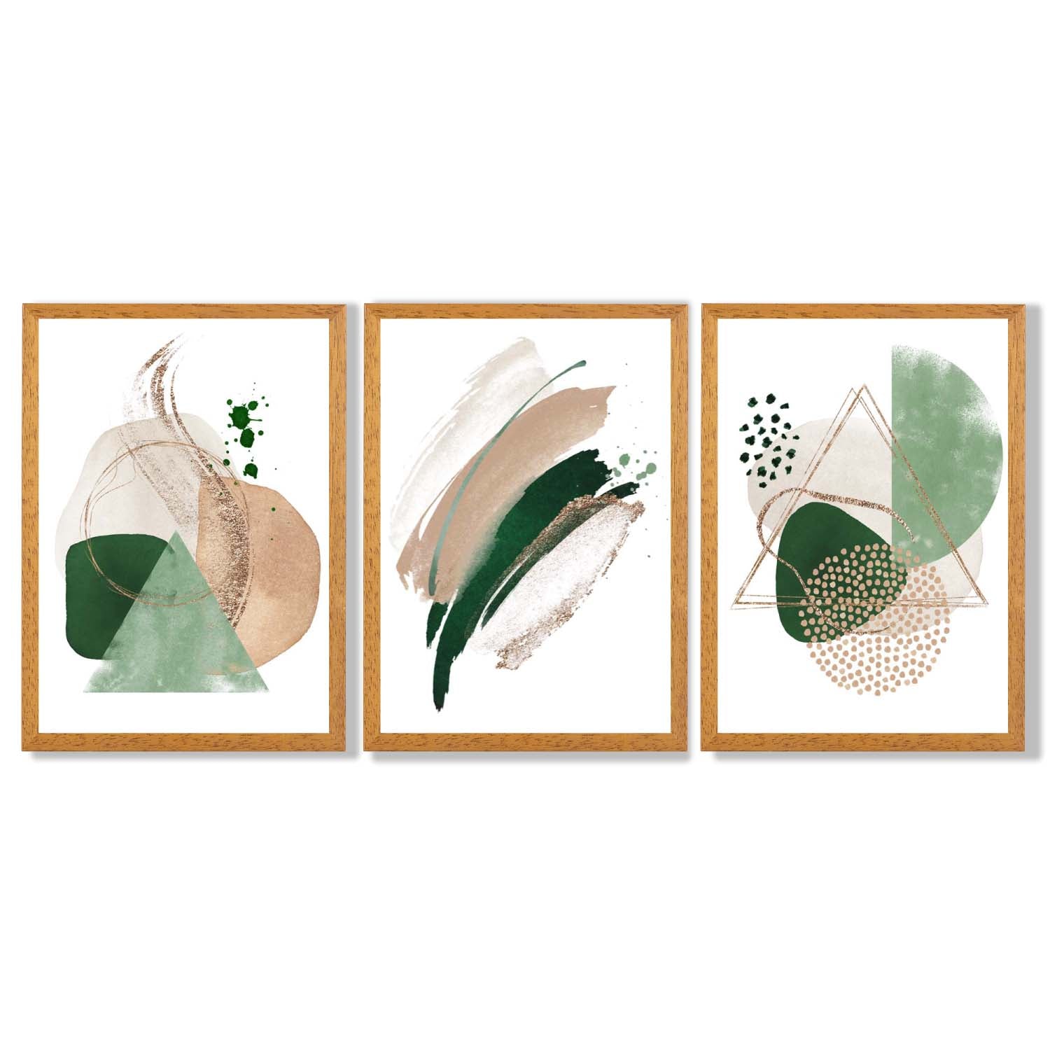 Abstract Set of 3 Sage Green and Beige Framed Art Prints with Oak Wooden Frames