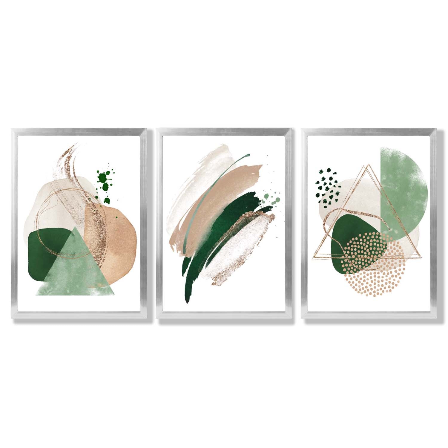 Abstract Set of 3 Sage Green and Beige Framed Art Prints with Silver Wood Frames