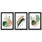 Abstract Set of 3 Sage Green and Beige Framed Art Prints with Vermeer Black Frames