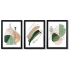 Abstract Set of 3 Sage Green and Beige Framed Art Prints with Vermeer Black and Silver Frames