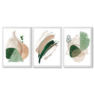 Abstract Set of 3 Sage Green and Beige Framed Art Prints with White Wooden Frames