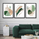 Abstract Set of 3 Sage Green and Beige Art Prints in Black Frames | Artze UK