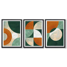 Geometric Set of 3 Green and Orange Framed Art Prints with Black Wooden Frames