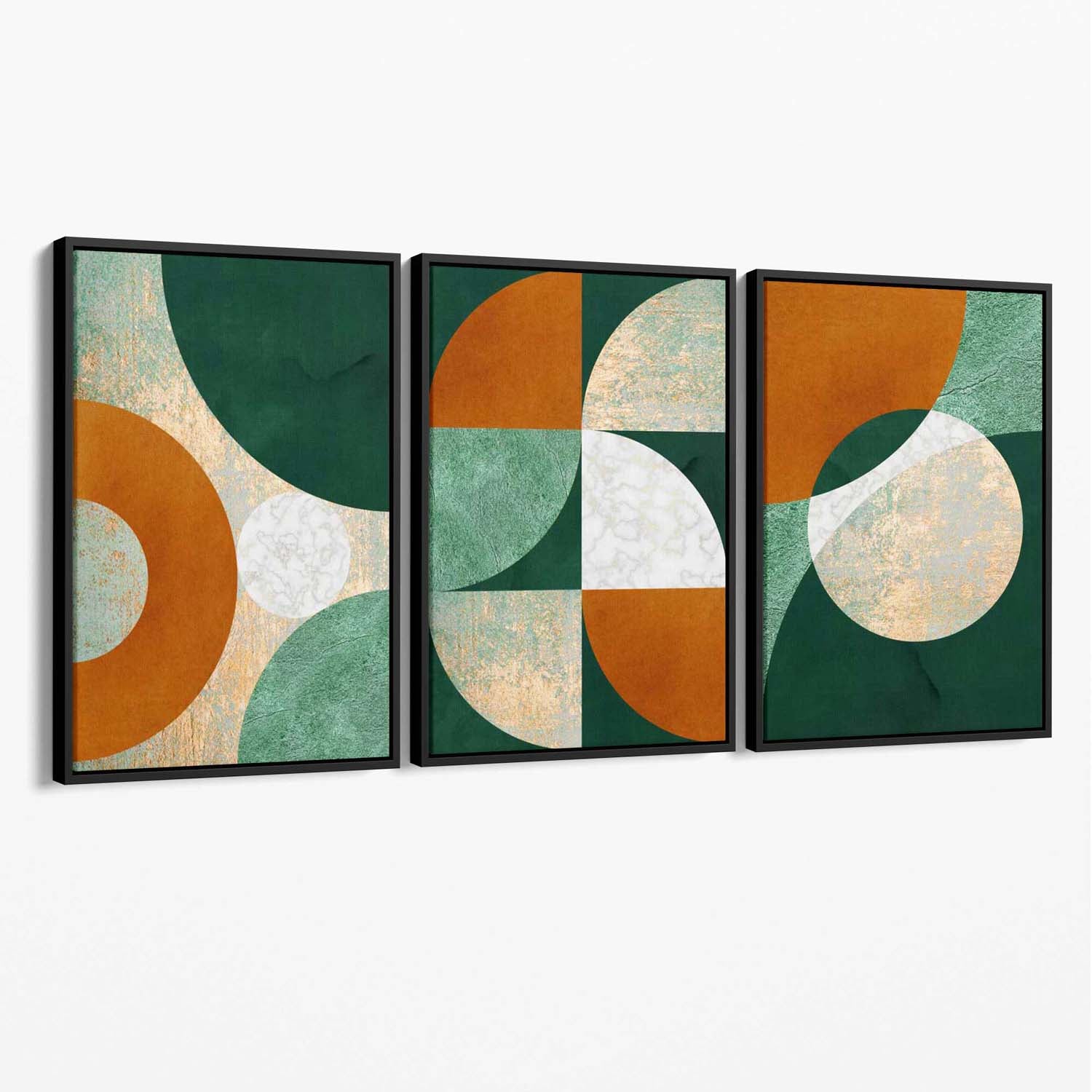 Geometric Set of 3 Green and Orange Canvas Art Prints with Black Float Frame