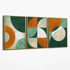 Geometric Set of 3 Green and Orange Canvas Art Prints with Gold Float Frame