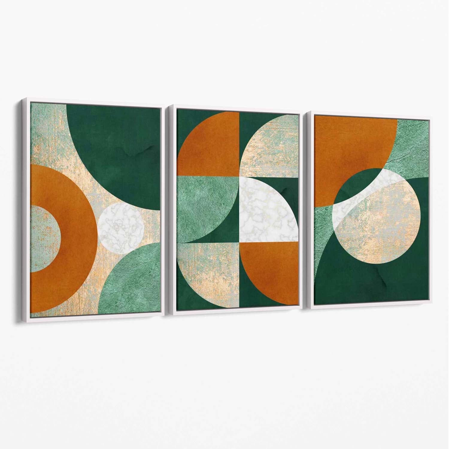 Geometric Set of 3 Green and Orange Canvas Art Prints with White Float Frame