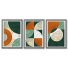 Geometric Set of 3 Green and Orange Framed Art Prints with Dark Grey Wooden Frames