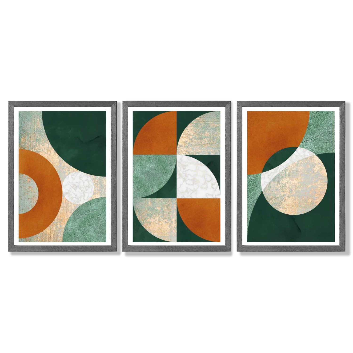 Geometric Set of 3 Green and Orange Framed Art Prints with Dark Grey Wooden Frames