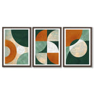 Geometric Set of 3 Green and Orange Framed Art Prints with Dark Wood Frames