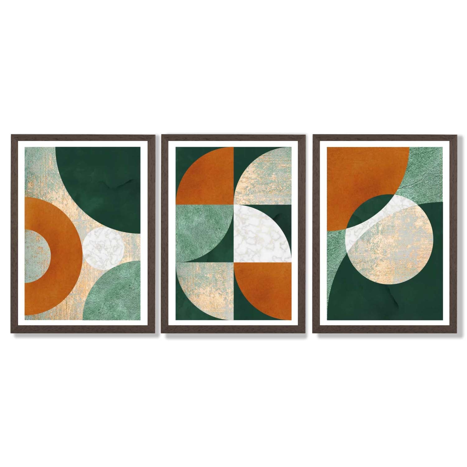 Geometric Set of 3 Green and Orange Framed Art Prints with Dark Wood Frames