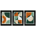 Geometric Set of 3 Green and Orange Framed Art Prints with Glossy Black Frames