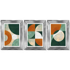 Geometric Set of 3 Green and Orange Framed Art Prints with Glossy Chrome Frames