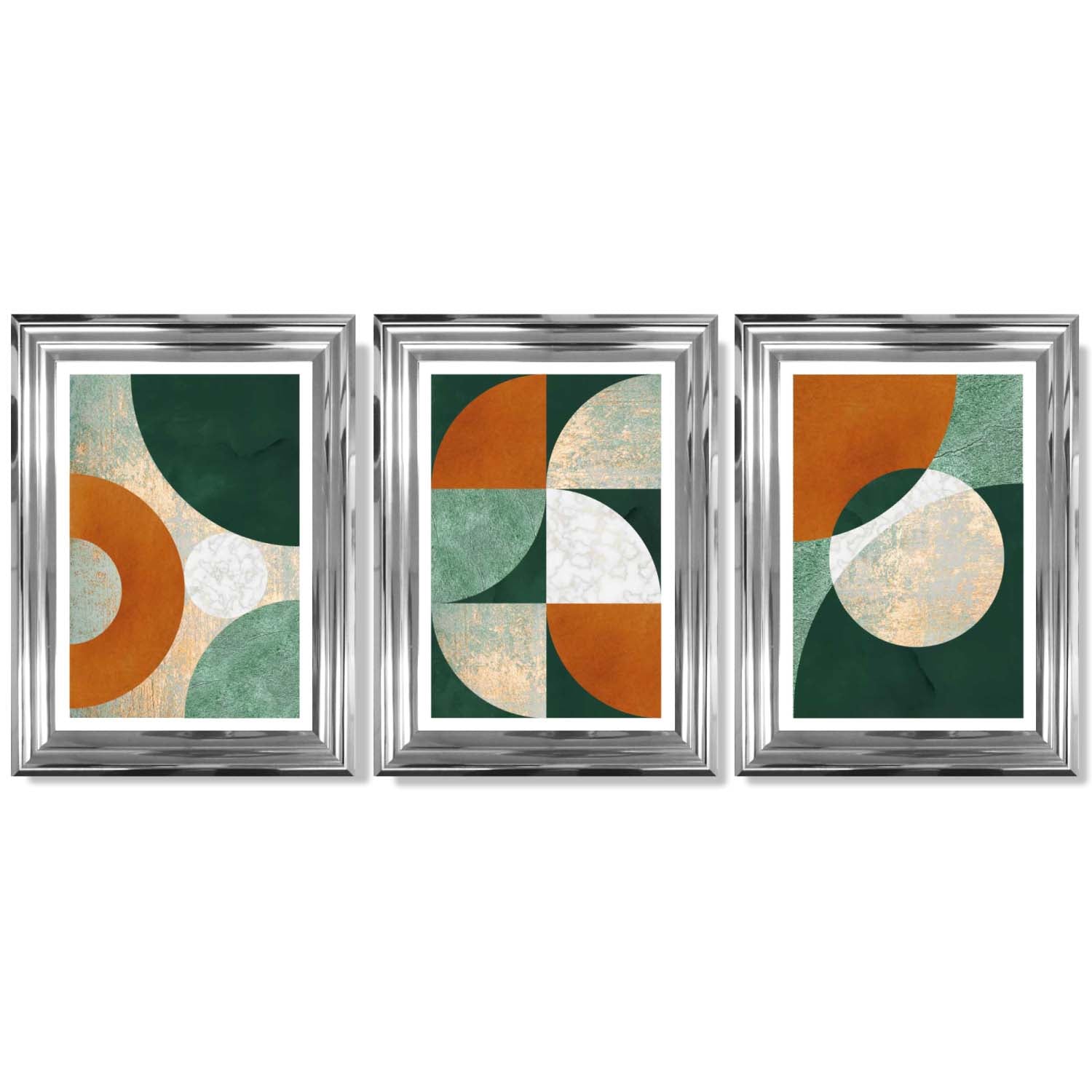 Geometric Set of 3 Green and Orange Framed Art Prints with Glossy Chrome Frames