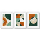 Geometric Set of 3 Green and Orange Framed Art Prints with Glossy White Frames