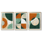 Geometric Set of 3 Green and Orange Framed Art Prints with Gold Wood Frames