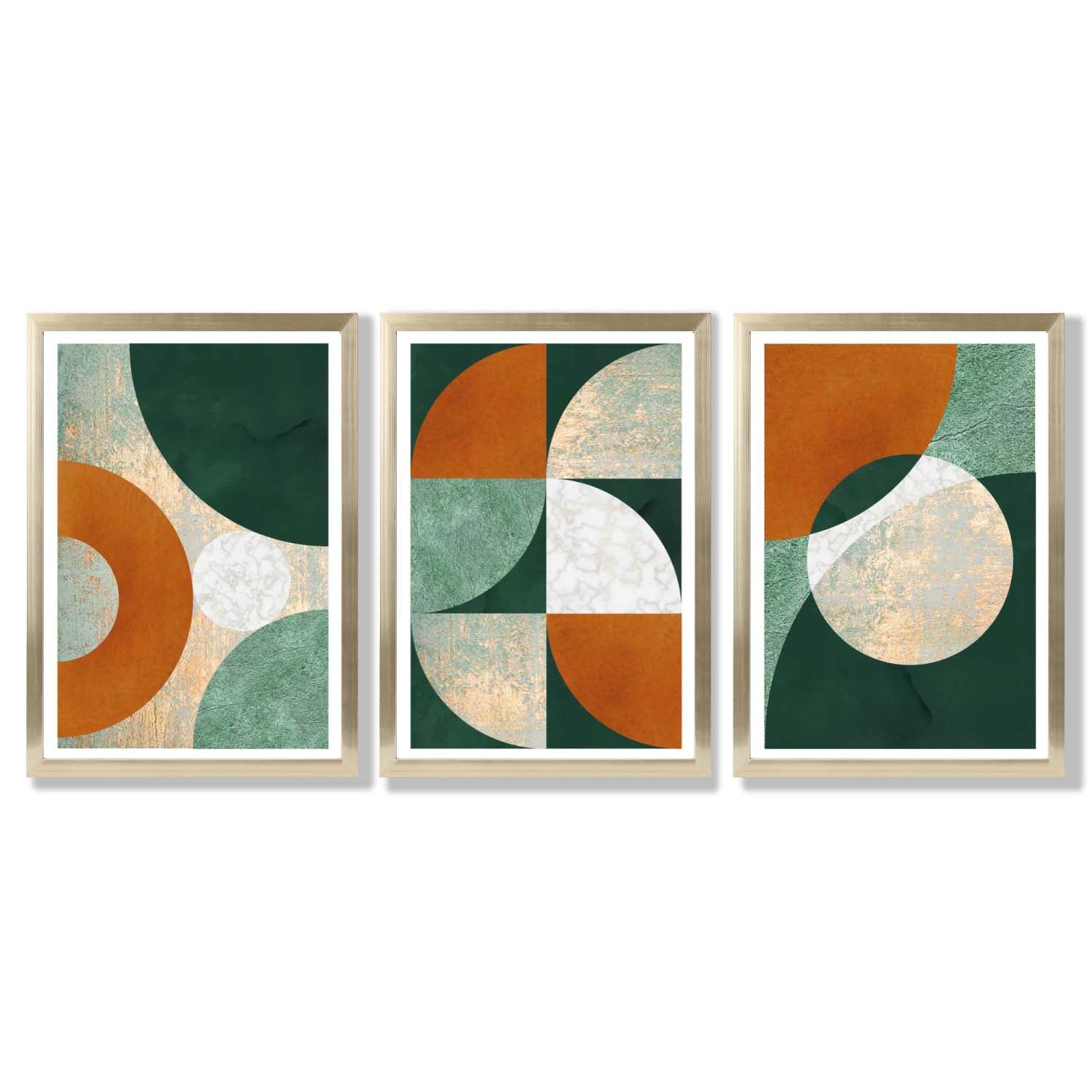 Geometric Set of 3 Green and Orange Framed Art Prints with Gold Wood Frames