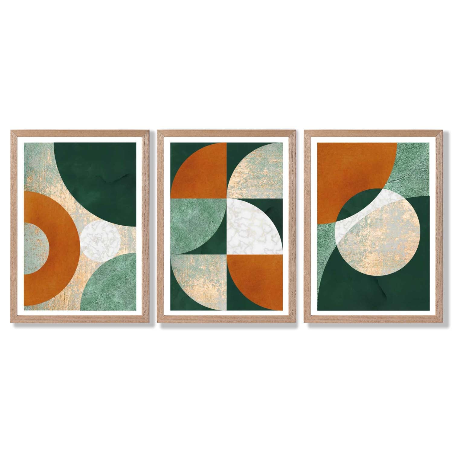 Geometric Set of 3 Green and Orange Framed Art Prints with Light Oak Frames