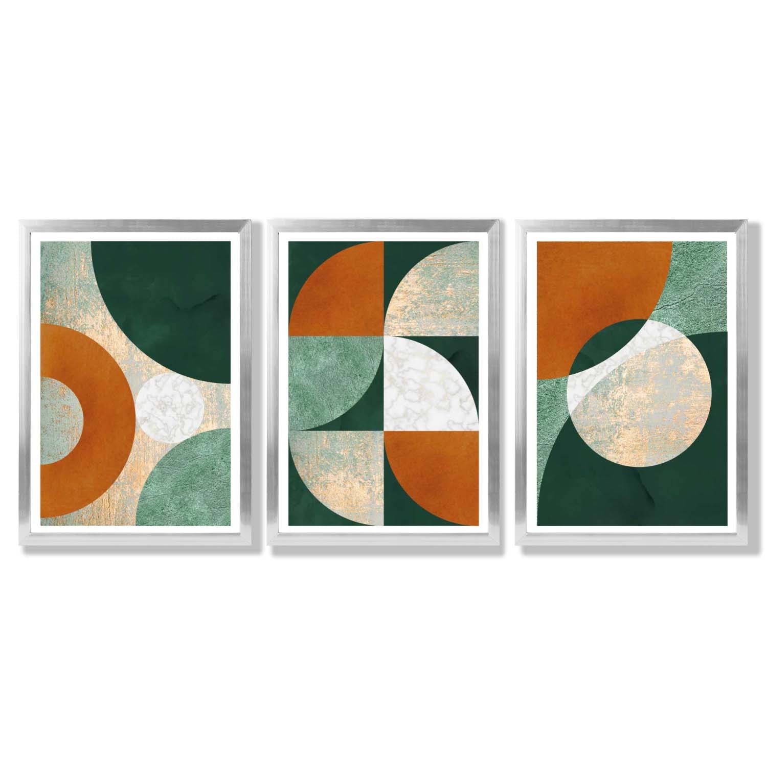 Geometric Set of 3 Green and Orange Framed Art Prints with Silver Wood Frames