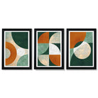 Geometric Set of 3 Green and Orange Framed Art Prints with Vermeer Black Frames