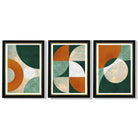 Geometric Set of 3 Green and Orange Framed Art Prints with Vermeer Black and Gold Frames