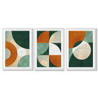 Geometric Set of 3 Green and Orange Framed Art Prints with White Wooden Frames