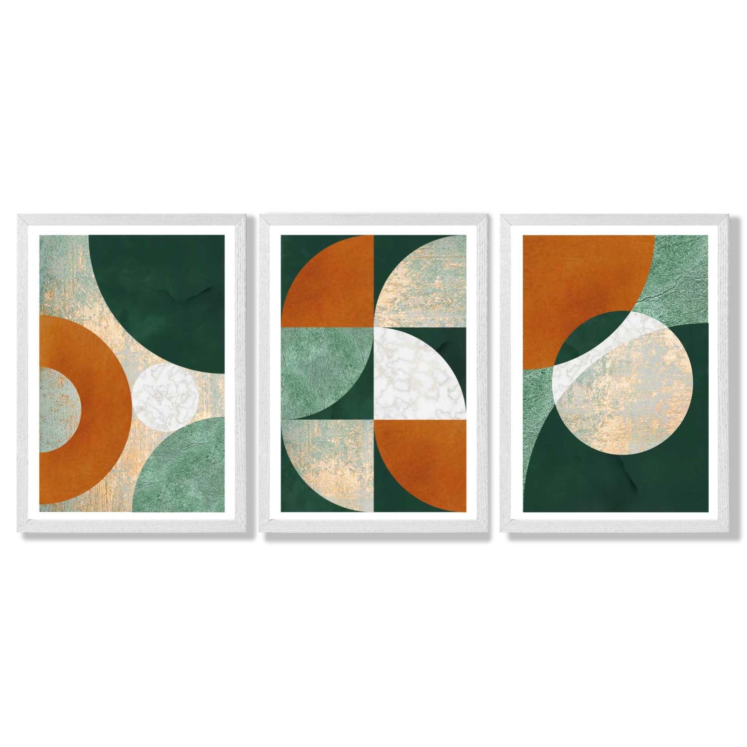 Geometric Set of 3 Green and Orange Framed Art Prints with White Wooden Frames