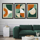 Geometric Set of 3 Green and Orange Art Prints in Luxury Frames | Artze UK