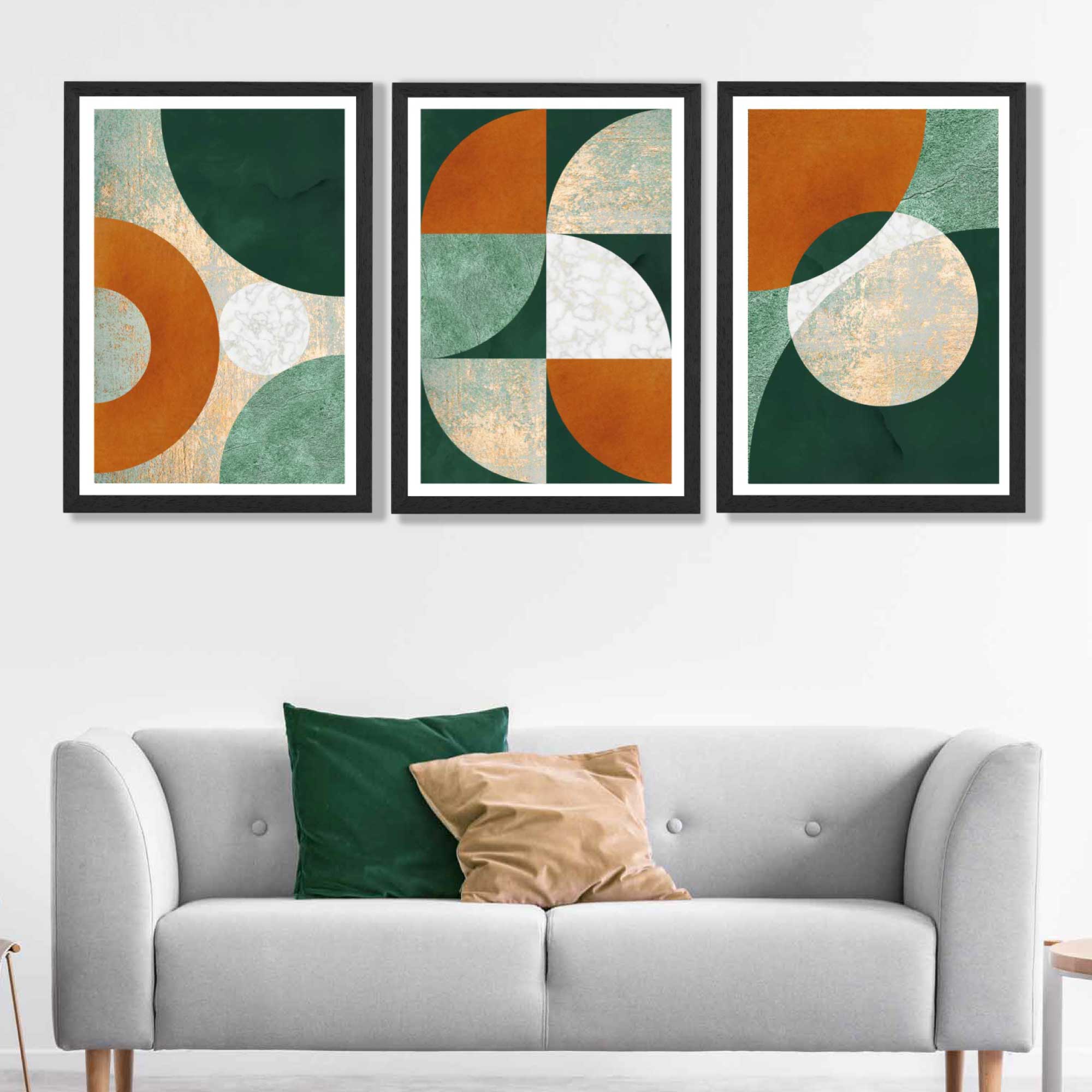 Geometric Set of 3 Green and Orange Art Prints in Black Frames | Artze UK