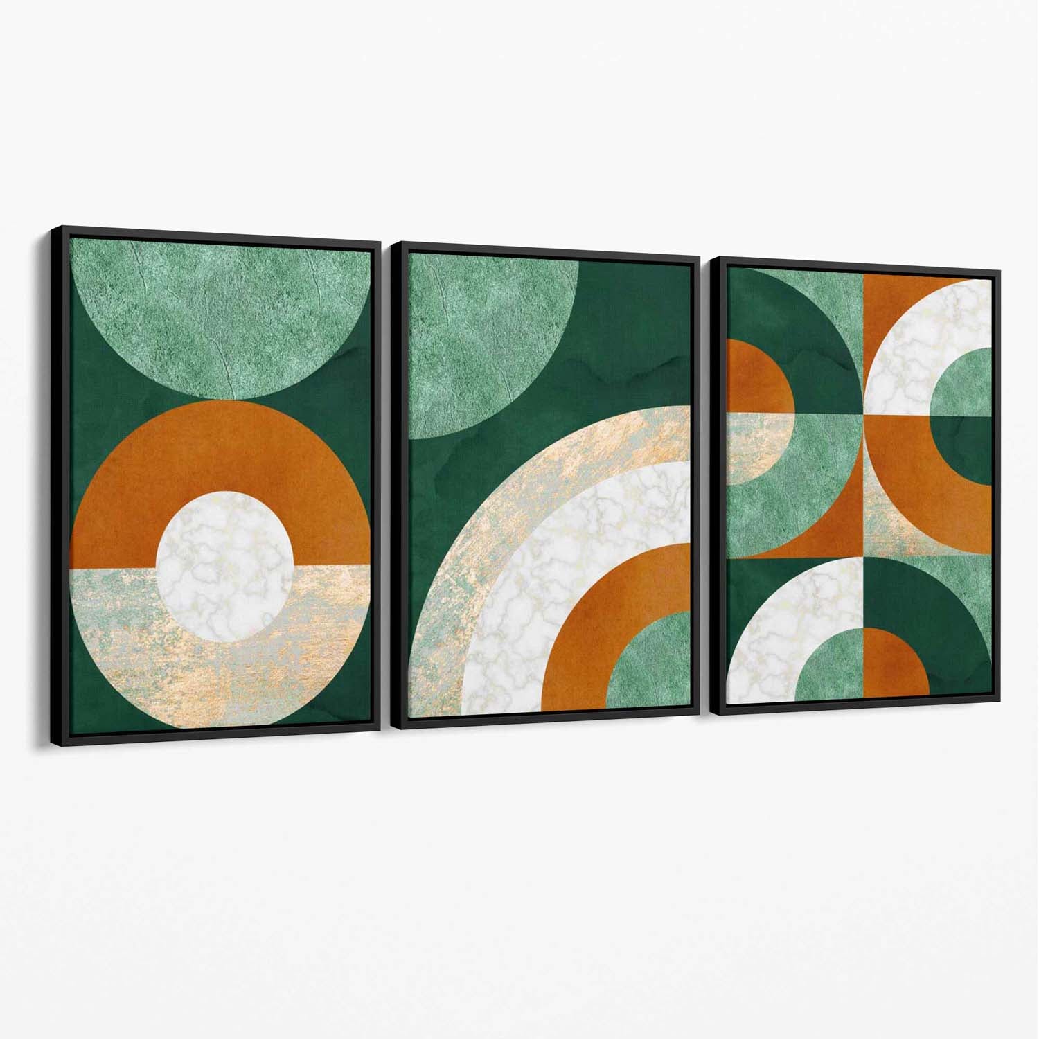 Set of 3 Orange and Green Abstract Canvas Art Prints with Black Float Frame