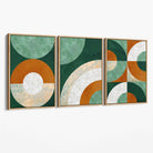 Set of 3 Orange and Green Abstract Canvas Art Prints with Oak Float Frame