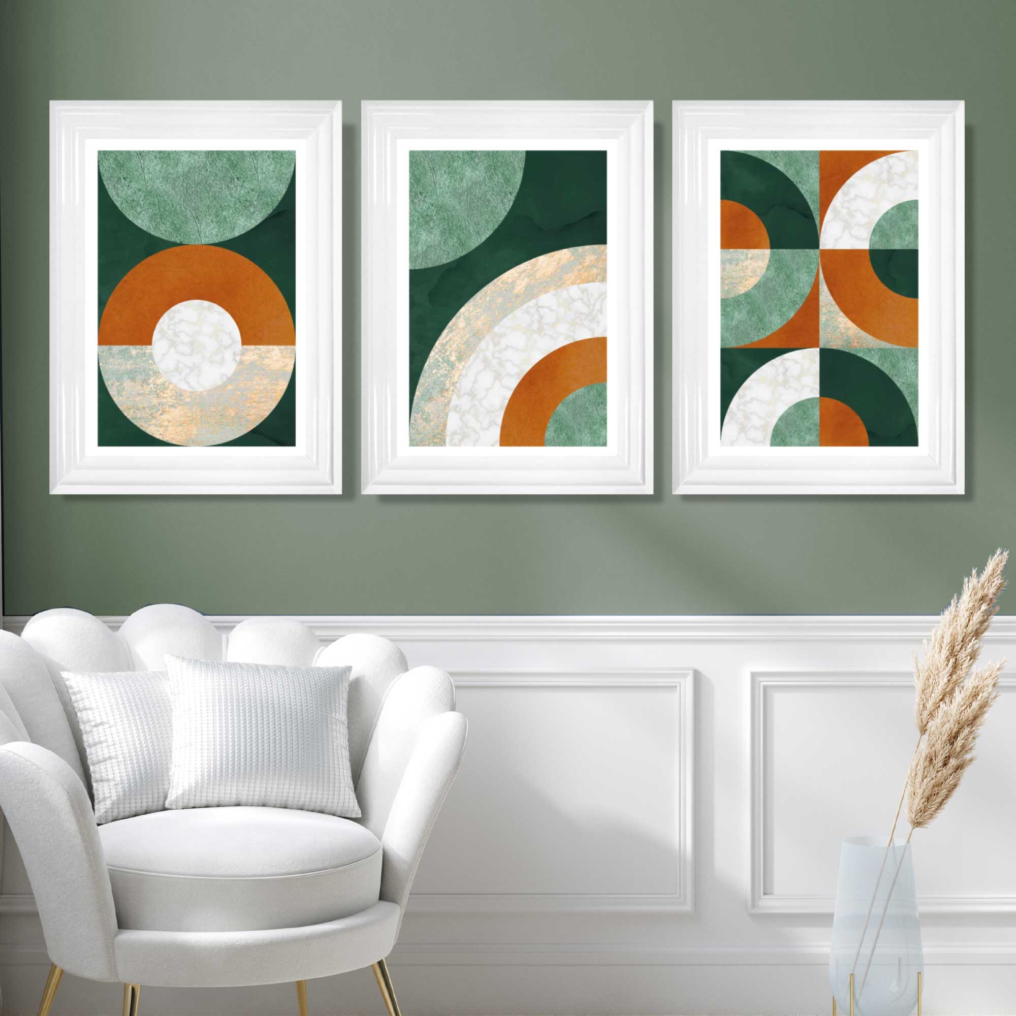 Set of 3 Orange and Green Abstract Art Prints in Luxury Frames | Artze UK