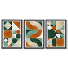 Set of 3 Orange and Green Geometric Shapes Framed Art Prints with Black Wooden Frames