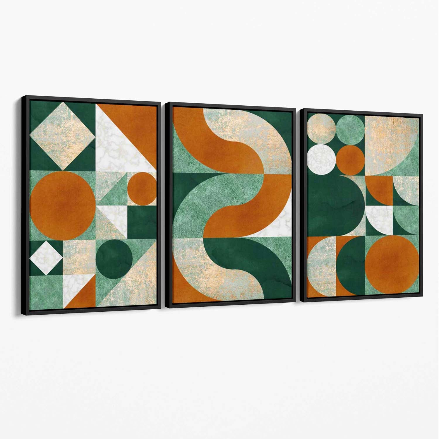 Set of 3 Orange and Green Geometric Shapes Canvas Art Prints with Black Float Frame