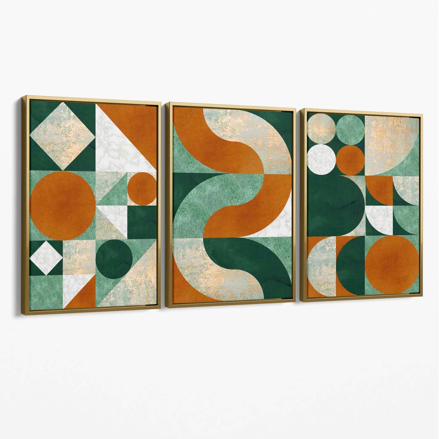 Set of 3 Orange and Green Geometric Shapes Canvas Art Prints with Gold Float Frame