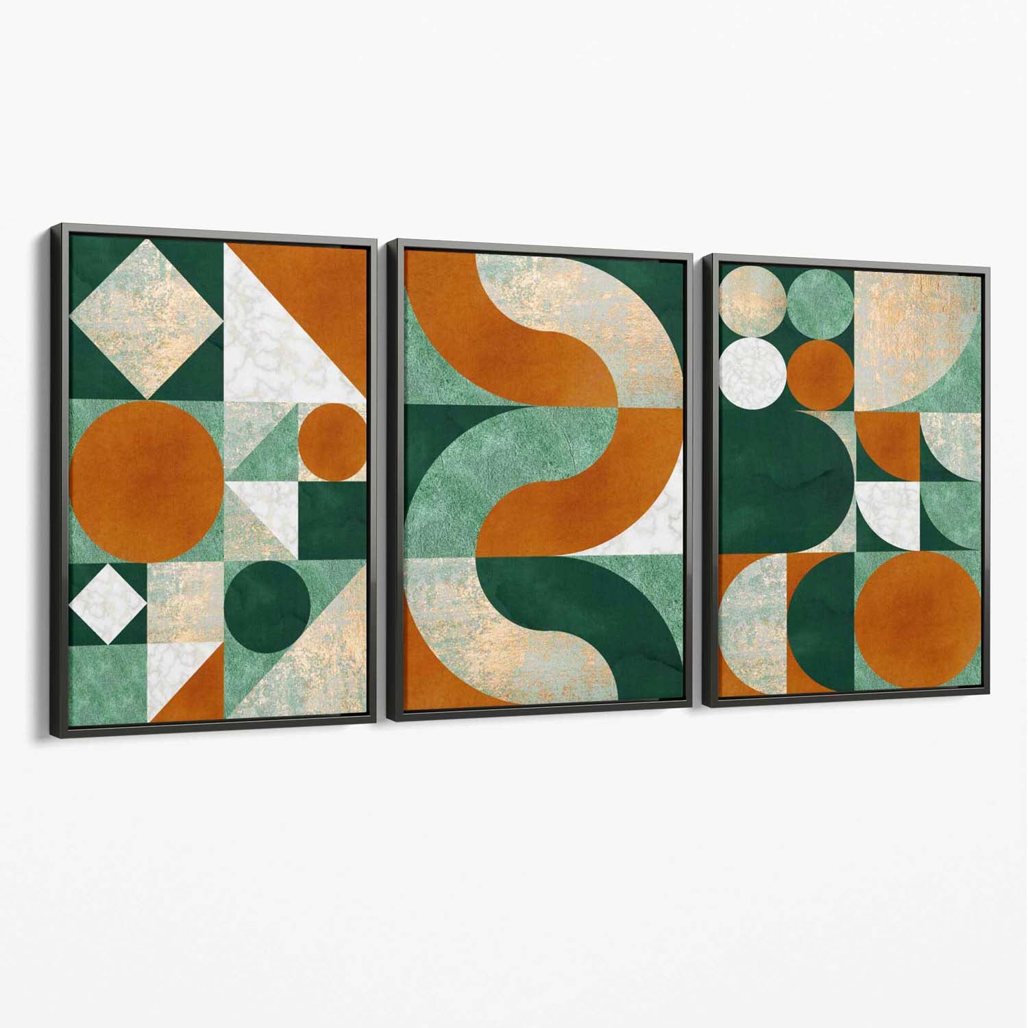 Set of 3 Orange and Green Geometric Shapes Canvas Art Prints with Grey Float Frame