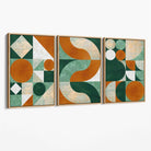 Set of 3 Orange and Green Geometric Shapes Canvas Art Prints with Oak Float Frame