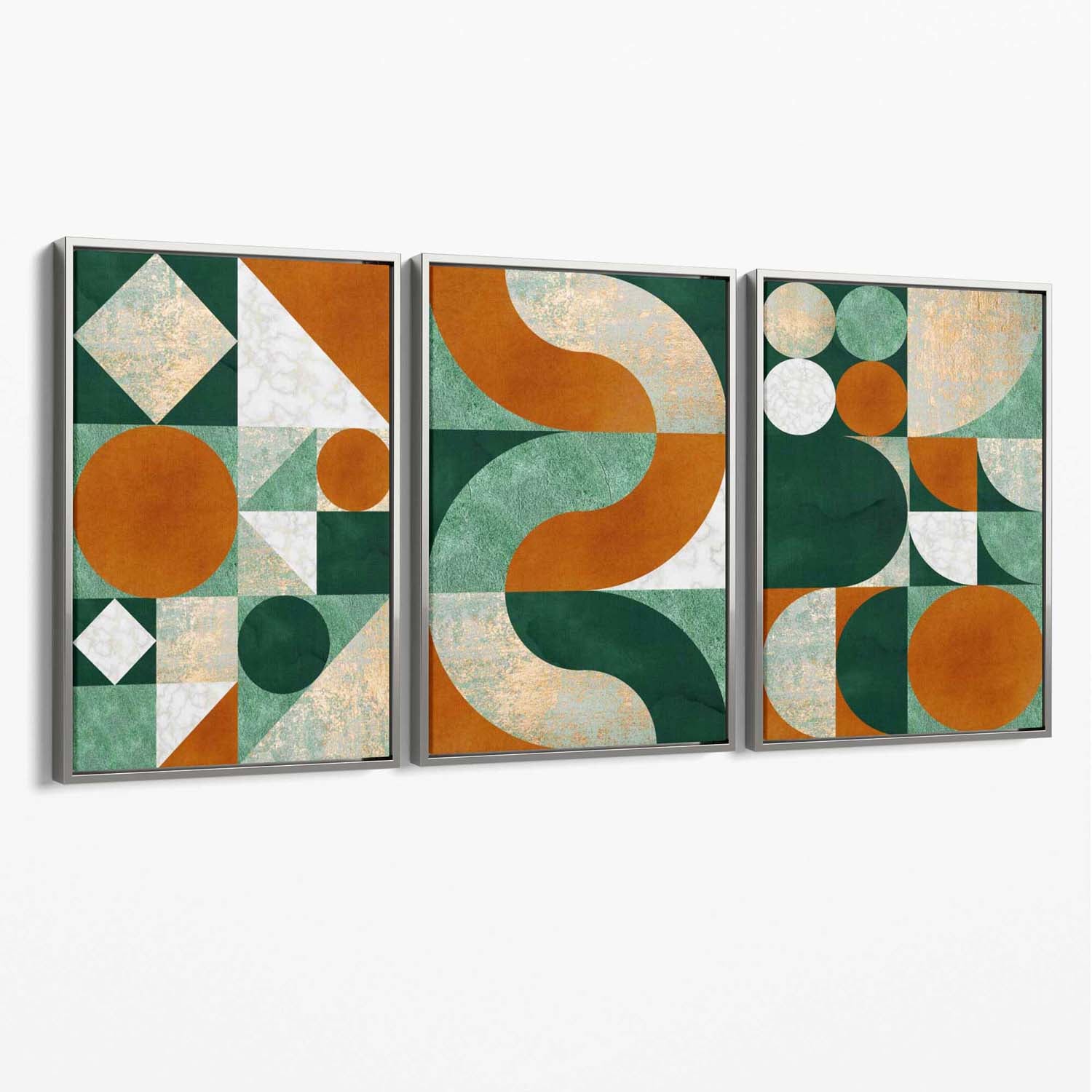 Set of 3 Orange and Green Geometric Shapes Canvas Art Prints with Silver Float Frame