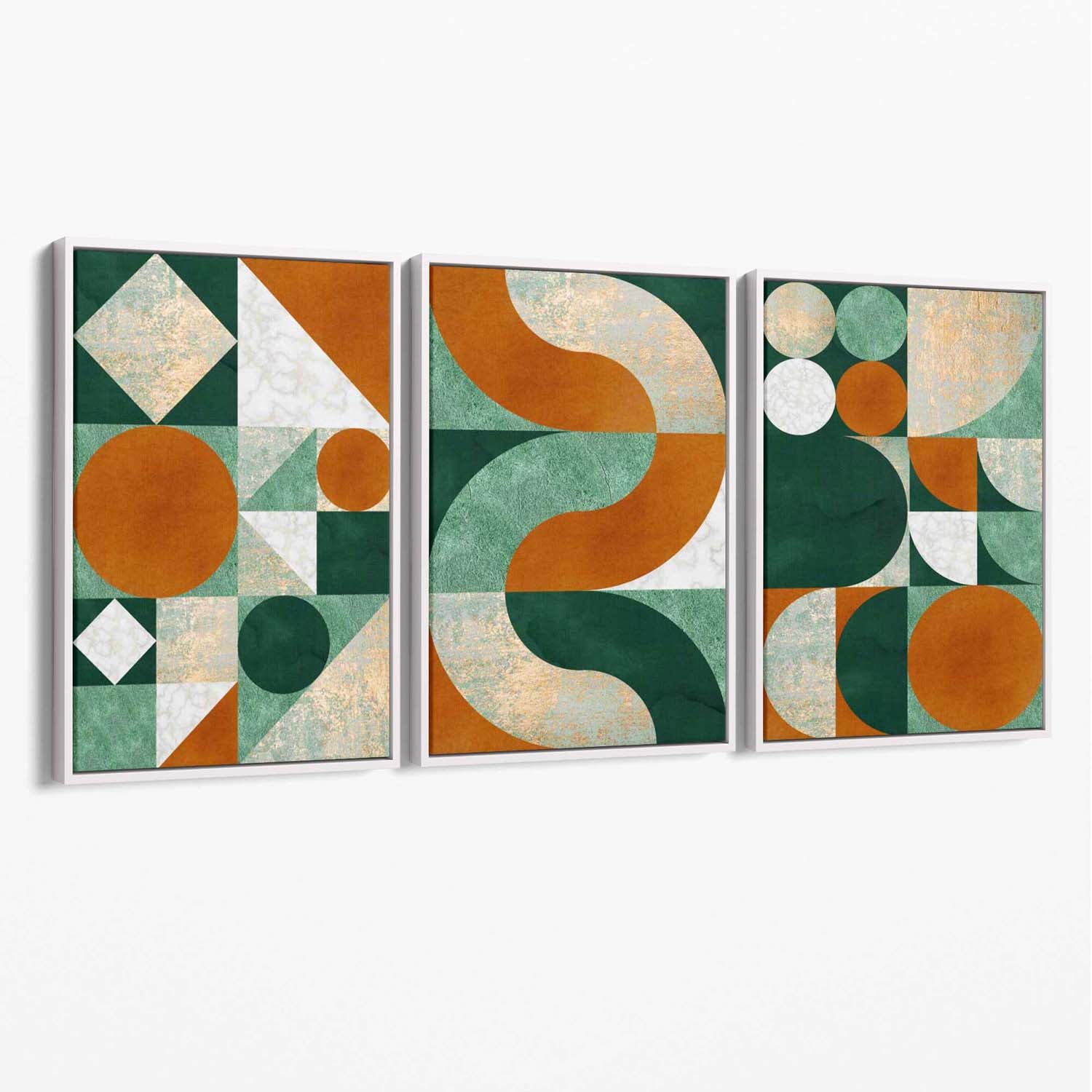 Set of 3 Orange and Green Geometric Shapes Canvas Art Prints with White Float Frame