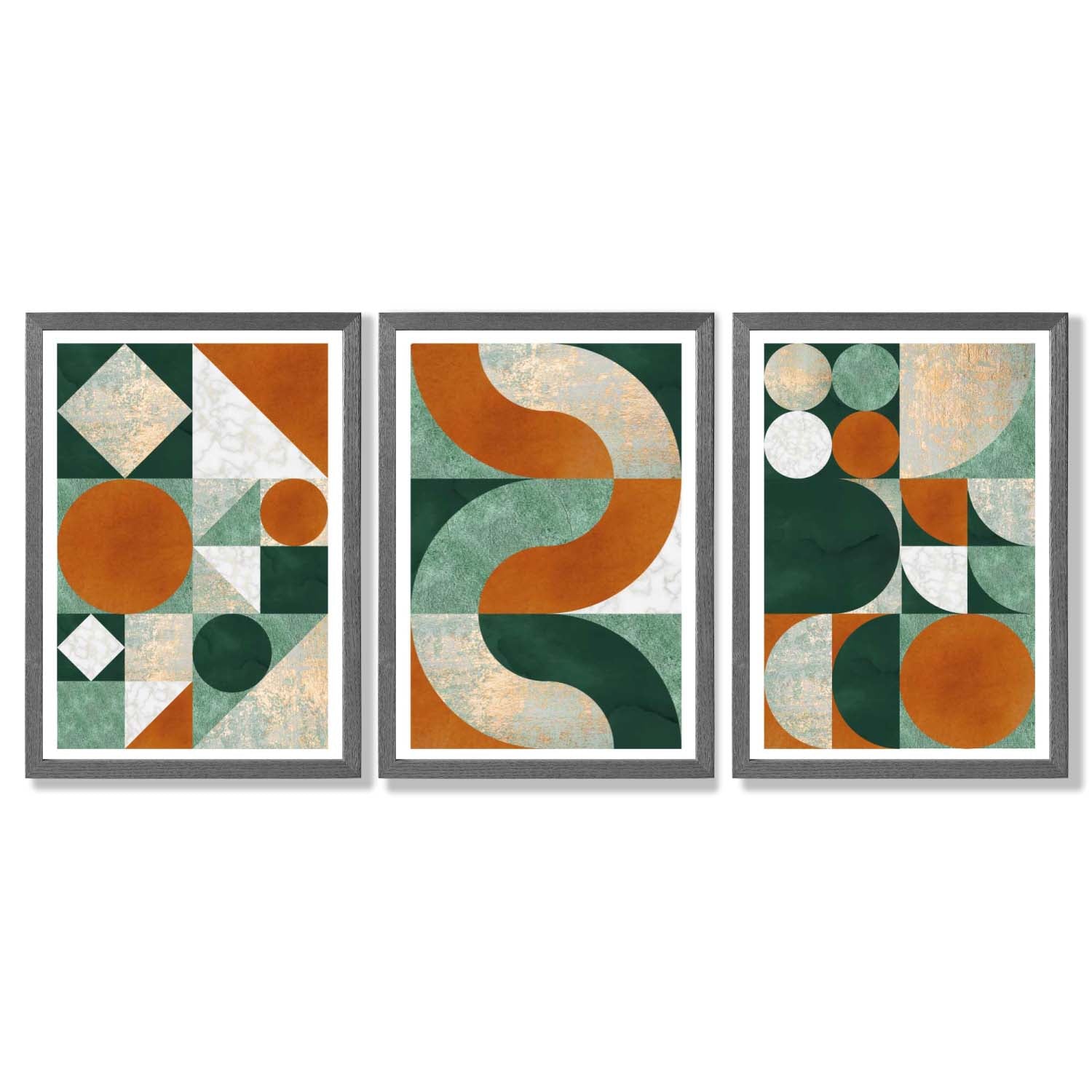 Set of 3 Orange and Green Geometric Shapes Framed Art Prints with Dark Grey Wooden Frames