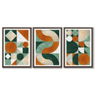 Set of 3 Orange and Green Geometric Shapes Framed Art Prints with Dark Wood Frames