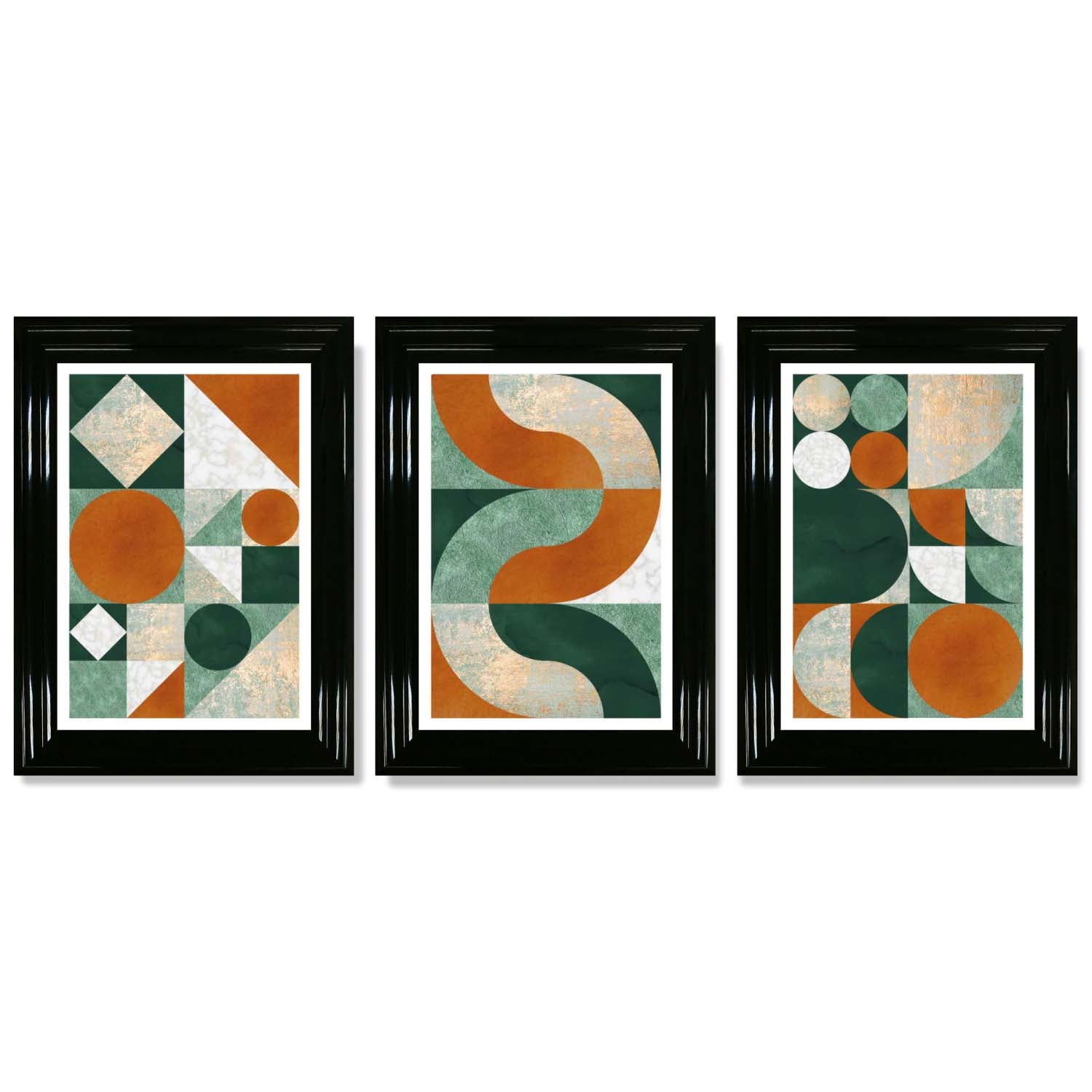 Set of 3 Orange and Green Geometric Shapes Framed Art Prints with Glossy Black Frames