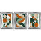 Set of 3 Orange and Green Geometric Shapes Framed Art Prints with Glossy Chrome Frames