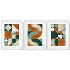 Set of 3 Orange and Green Geometric Shapes Framed Art Prints with Glossy White Frames