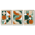 Set of 3 Orange and Green Geometric Shapes Framed Art Prints with Gold Wood Frames