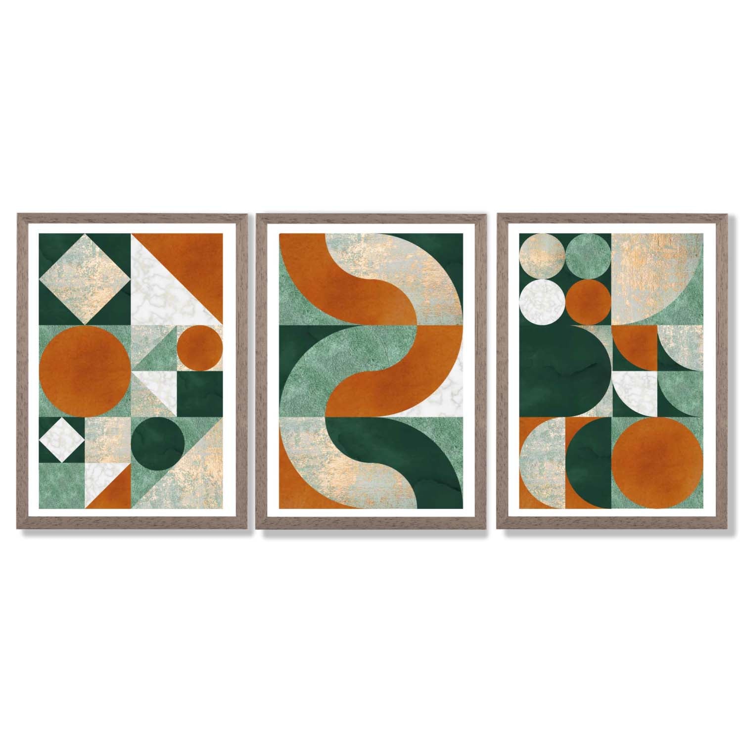 Set of 3 Orange and Green Geometric Shapes Framed Art Prints with Light Walnut Frames